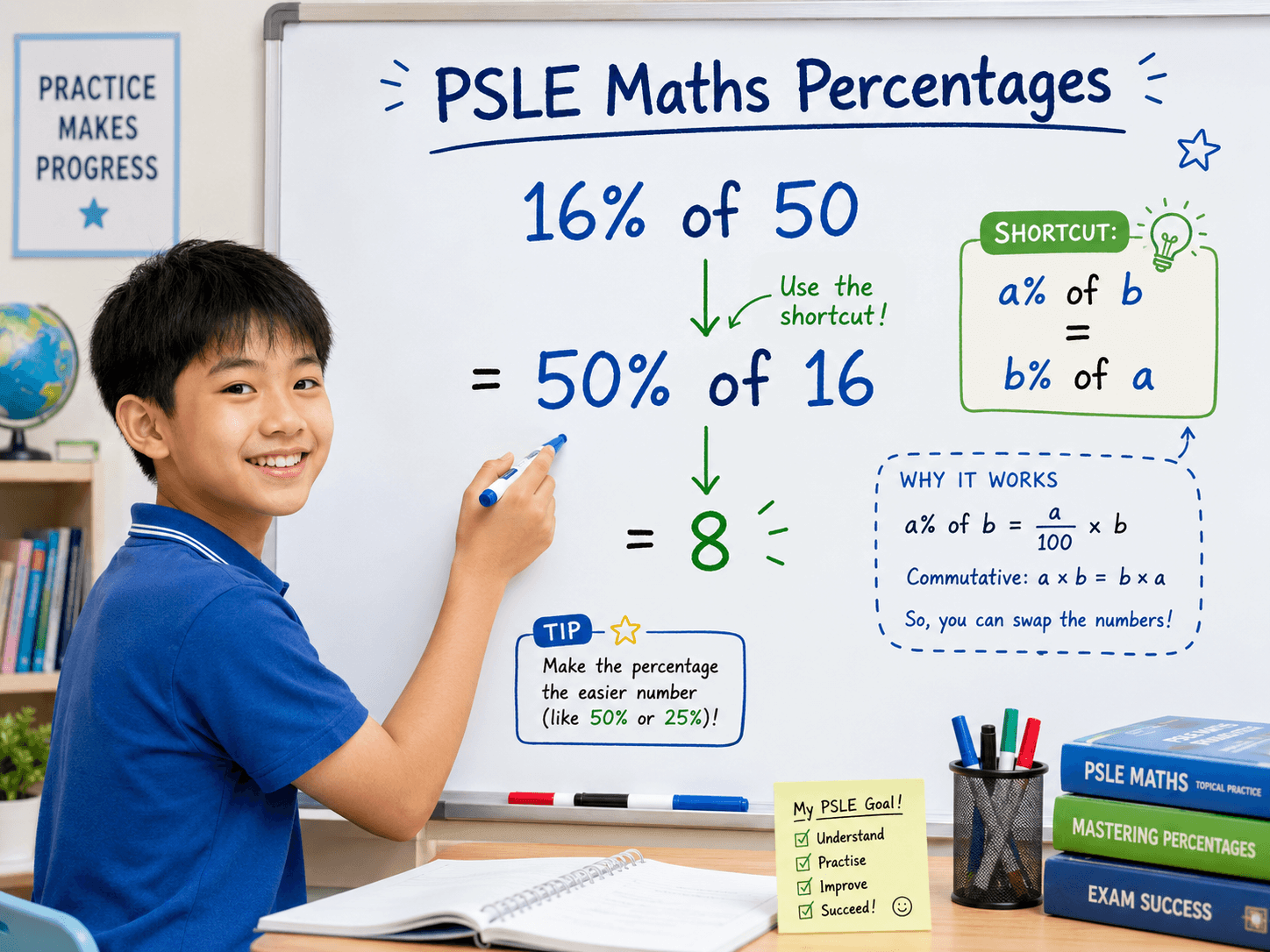percentage questions PSLE Maths method showing 16 percent of 50 equals 8