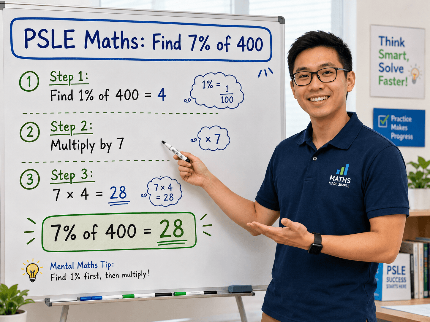 percentage mental maths showing how to find 7 percent of 400 by calculating 1 percent first