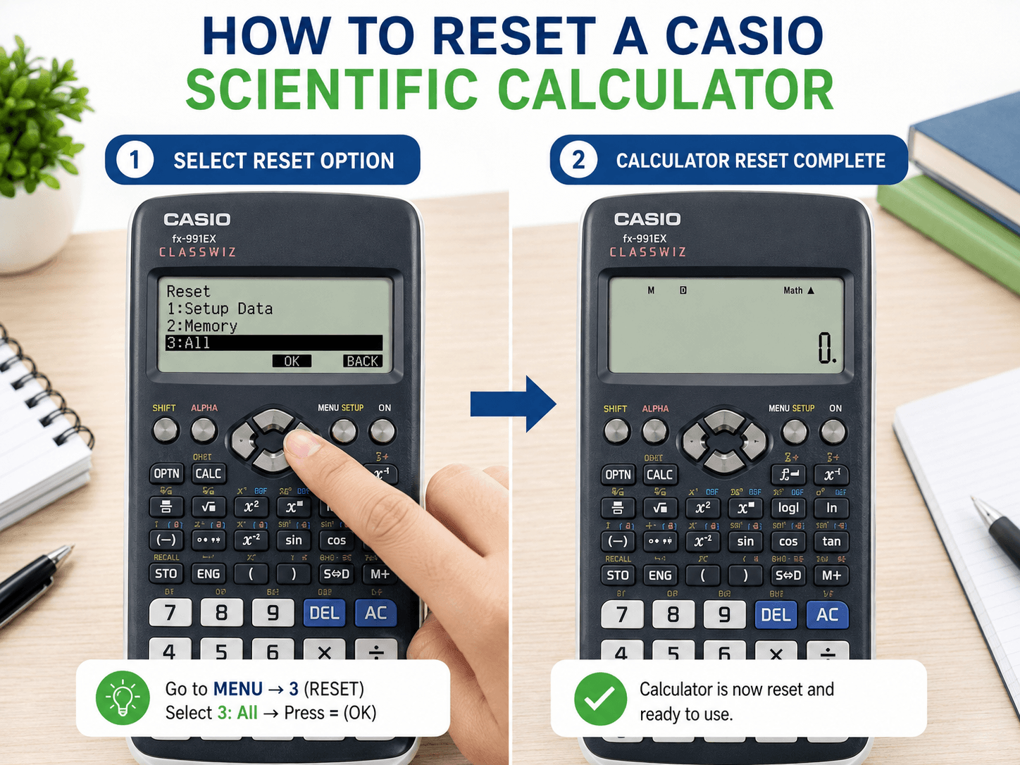 reset Casio calculator settings before PSLE Maths practice using the calculator reset menu