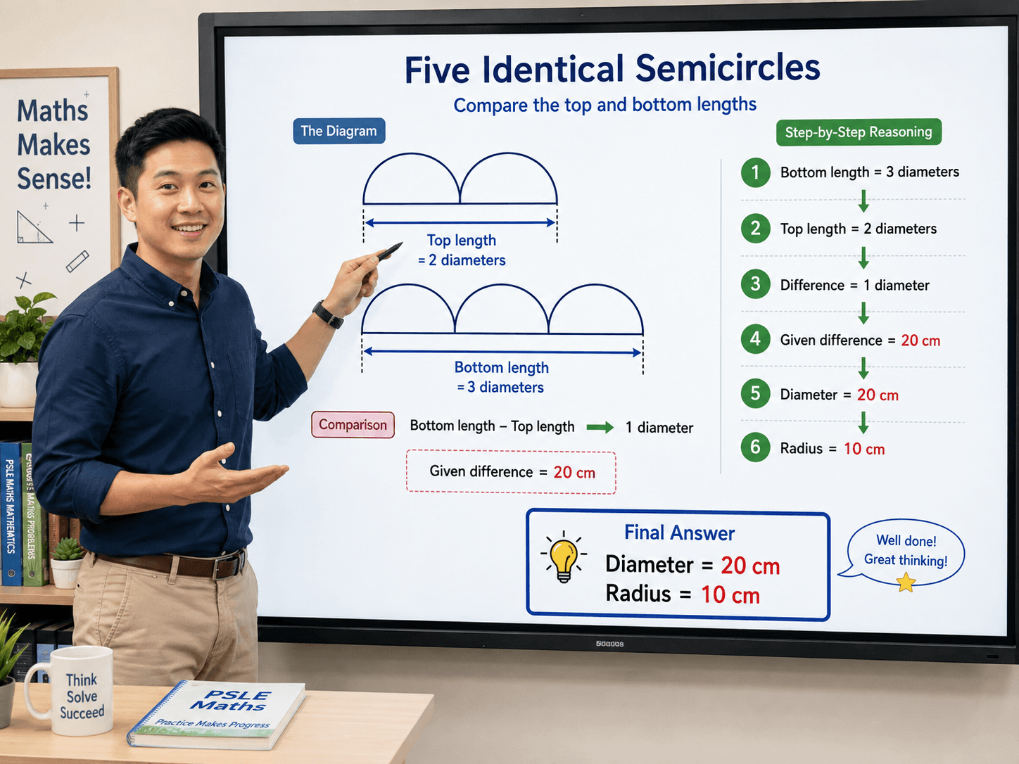 semicircle radius PSLE Maths question solved using five identical semicircles and comparison models