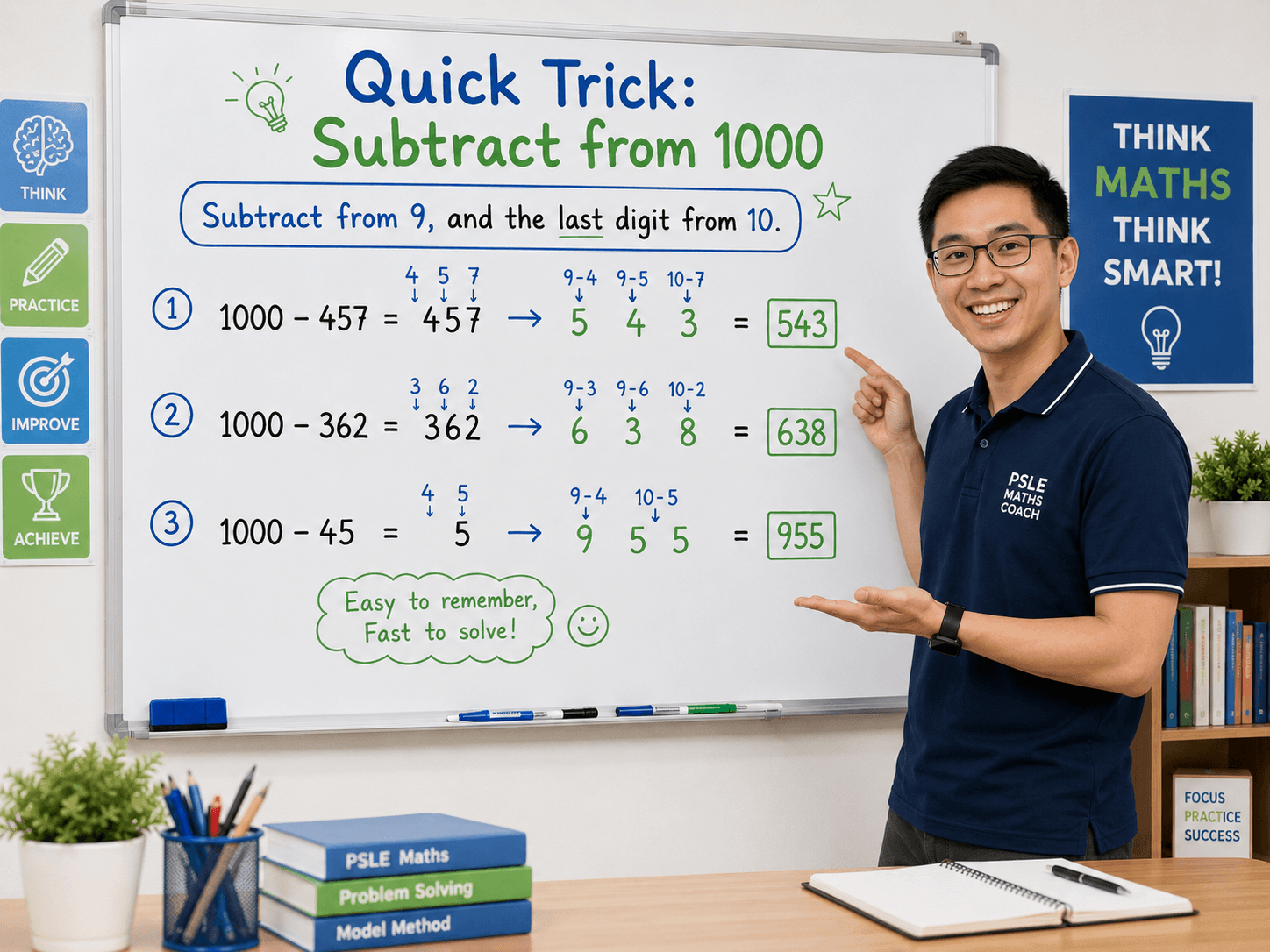 subtract from 1000 using a quick PSLE Maths trick on a whiteboard