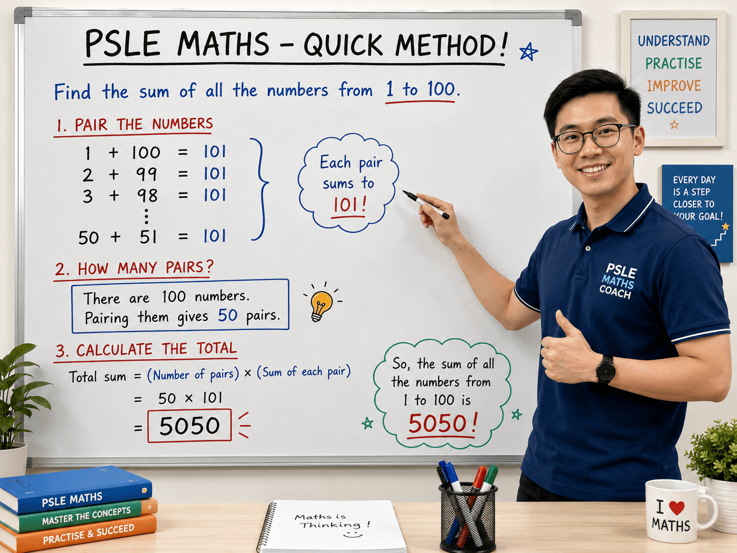 sum of numbers from 1 to 100 solved using a quick pairing method in PSLE Maths